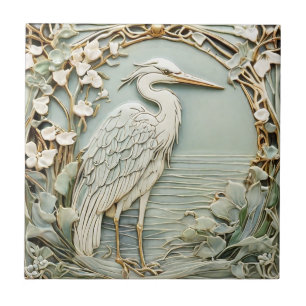 Azulejo De Cerâmica Heron Sea Bird Art Nouveau Faux Alivio Direita