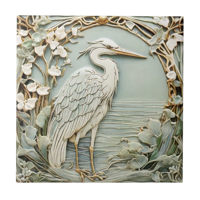Azulejo De Cerâmica Heron Sea Bird Art Nouveau Faux Alivio Direita (Frente)