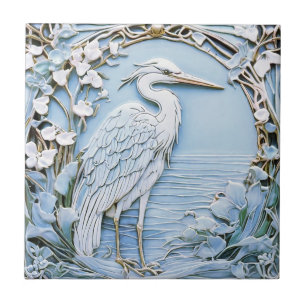 Azulejo De Cerâmica Heron Sea Bird Art Nouveau Faux Alivio Direito Azu