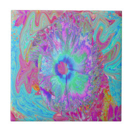 Azulejo De Cerâmica Hibisco Azul Arco-íris Psicodélico Retro