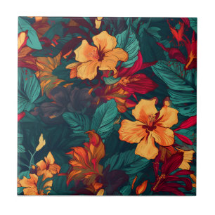 Azulejo De Cerâmica Hibisco Colorido, Floral Verde Amarelo Laranja