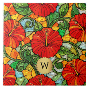 Azulejo De Cerâmica Hibisco Dourado Vermelho Monograma Vidro Manchado 