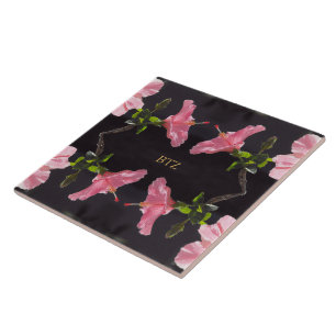 Azulejo De Cerâmica Hibisco Rosa em Preto
