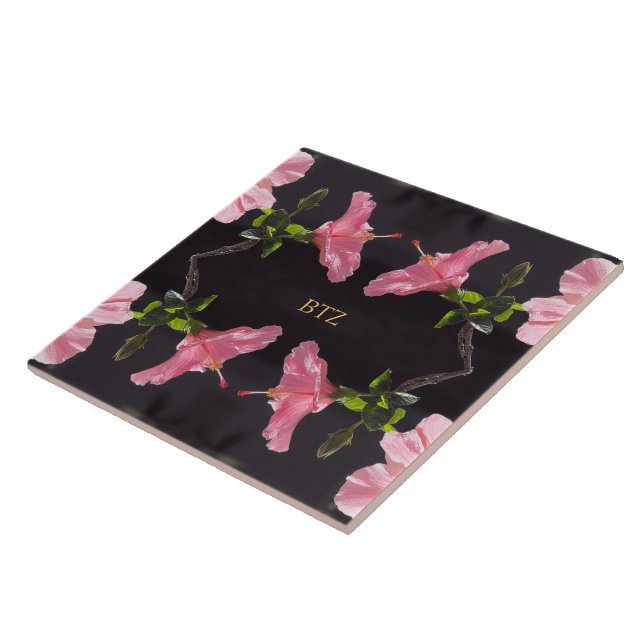 Azulejo De Cerâmica Hibisco Rosa em Preto (Lateral)