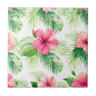 Azulejo De Cerâmica Hibisco Rosa Palmeira Tropical Aquarela