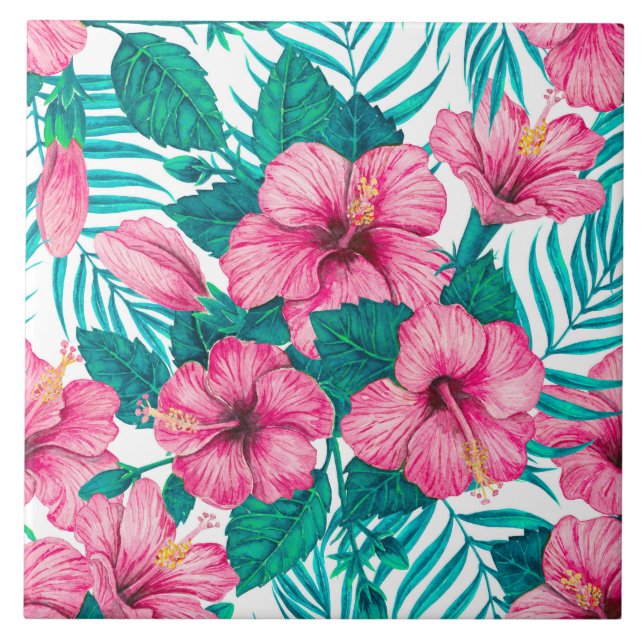 Azulejo De Cerâmica Hibiscus e palmeiras (Frente)