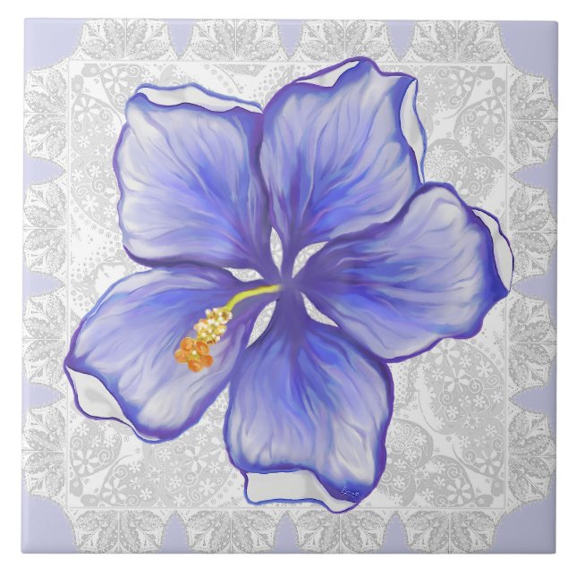 Azulejo De Cerâmica Hibiscus & lace BLUE (Frente)