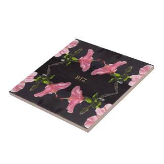 Azulejo De Cerâmica Hibiscus rosa em preto