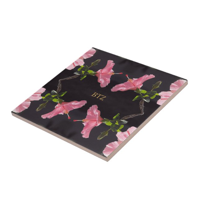 Azulejo De Cerâmica Hibiscus rosa em preto (Lateral)