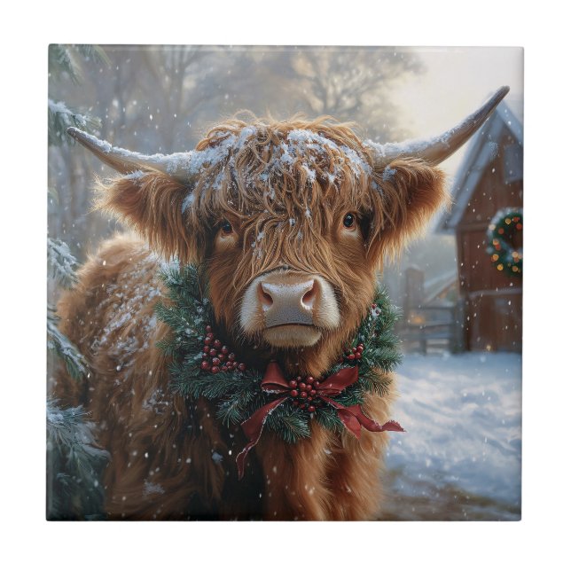 Azulejo De Cerâmica Highland Cow Rustic Barnyard Natal (Frente)
