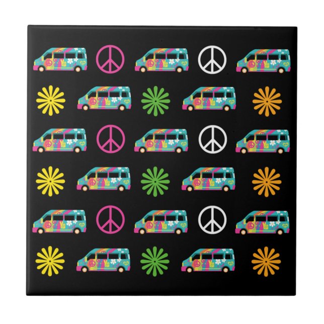 Azulejo De Cerâmica Hippie Bus Peace Sign 70s Black (Frente)