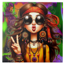 Hippie Quirky Girl Moon Child Cerâmica Azulejo