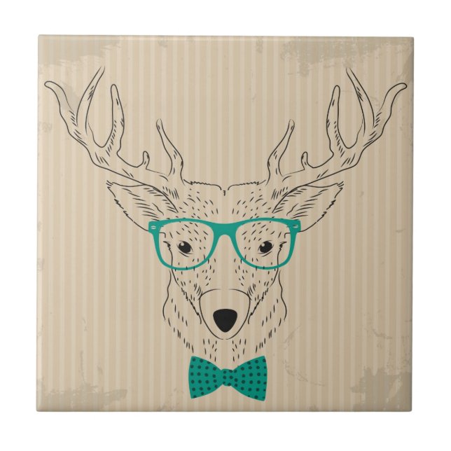 Azulejo De Cerâmica Hipster Reindeer Elk com óculos graciosos Natal (Frente)
