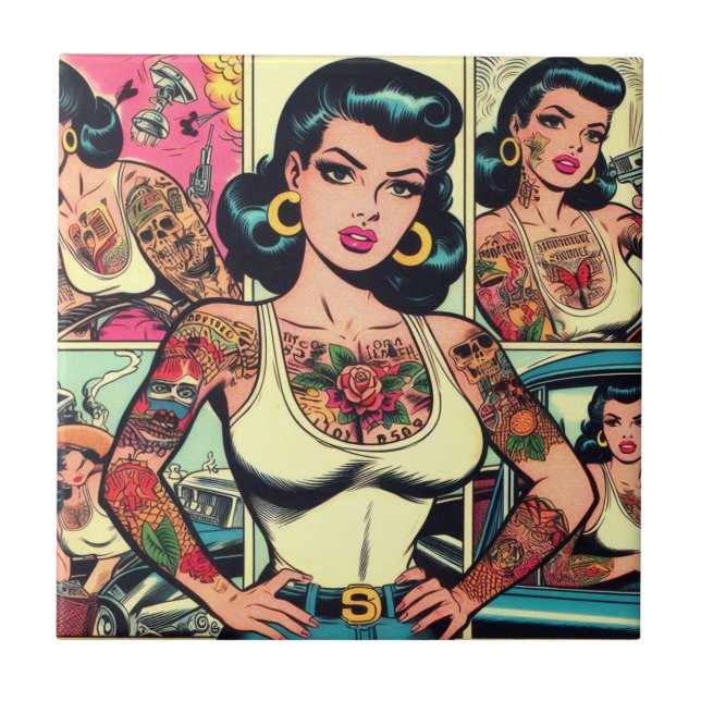 Azulejo De Cerâmica Histórias em quadrinhos Pin-up Tatuadas Retroativa (Frente)