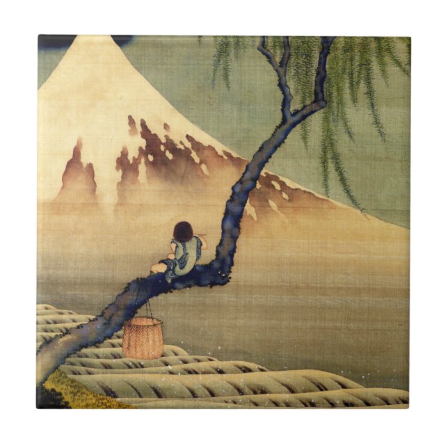 Azulejo De Cerâmica Hokusai Boy Vivendo o Monte Fuji Japonês (Frente)