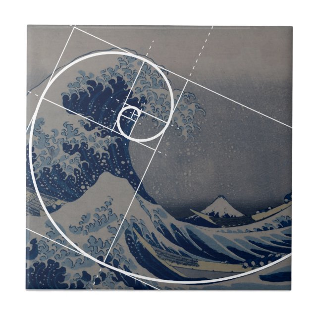 Azulejo De Cerâmica Hokusai encontra Fibonacci, relação dourada (Frente)