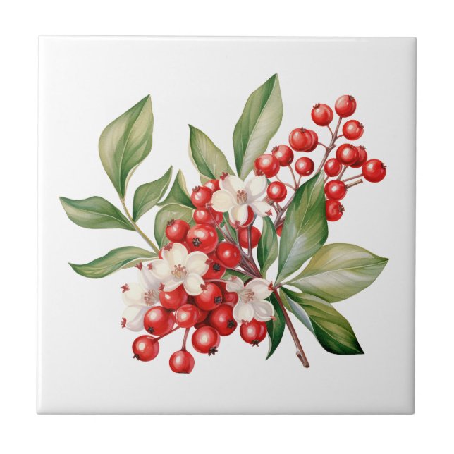 Azulejo De Cerâmica Holiday Red Berries Floral Ceramic Tile (Frente)