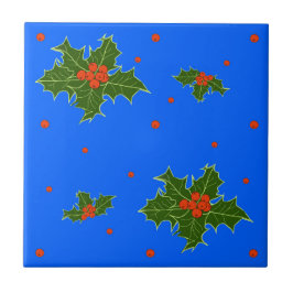 Azulejo De Cerâmica Holly (Ilex) Motif de Natal em Azul Festivo