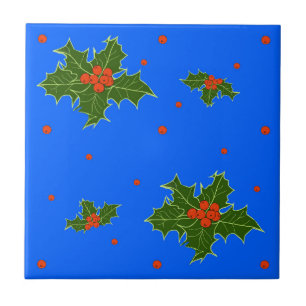 Azulejo De Cerâmica Holly (Ilex) Motif de Natal em Azul Festivo
