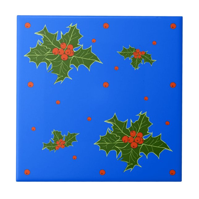 Azulejo De Cerâmica Holly (Ilex) Motif de Natal em Azul Festivo (Frente)