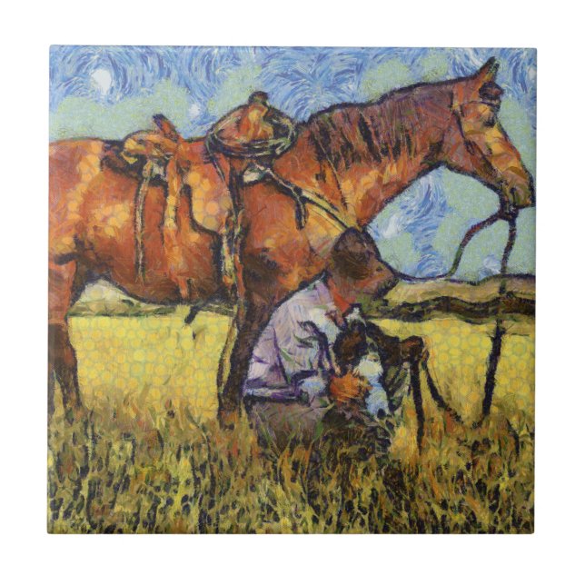 Azulejo De Cerâmica Homem, cavalo e cão (Frente)