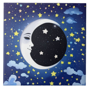 Azulejo De Cerâmica Homem na Lua em um Fundo Estrelado
