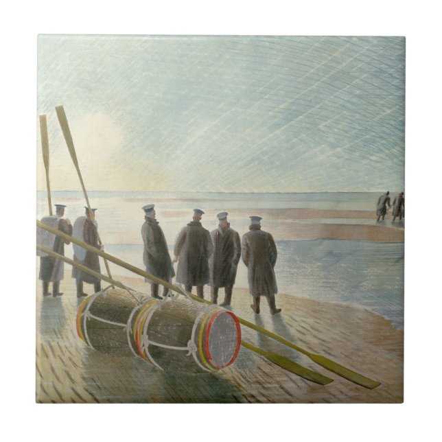 Azulejo De Cerâmica Homens na Praia (Trabalho Perigoso em Baixo Lado) (Frente)