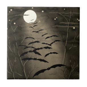 Azulejo De Cerâmica Hora de Encantamento Lua Cheia Morcegos Halloween