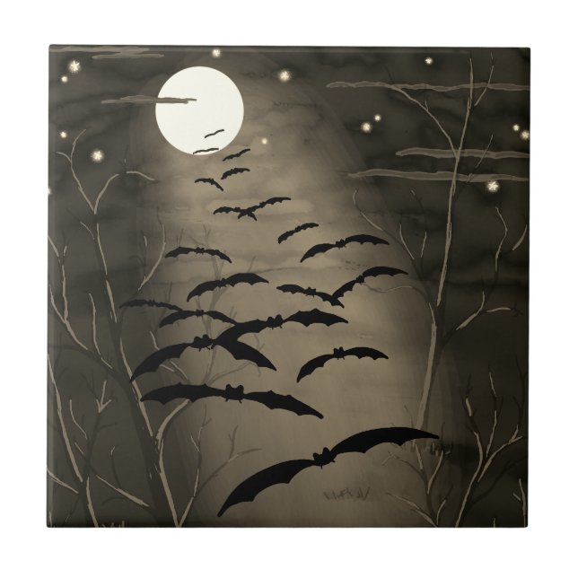 Azulejo De Cerâmica Hora de Encantamento Lua Cheia Morcegos Halloween  (Frente)