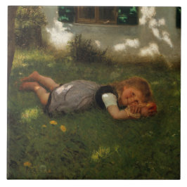 Azulejo De Cerâmica Hora do lanche (Garota Doce Deitada na Grama)