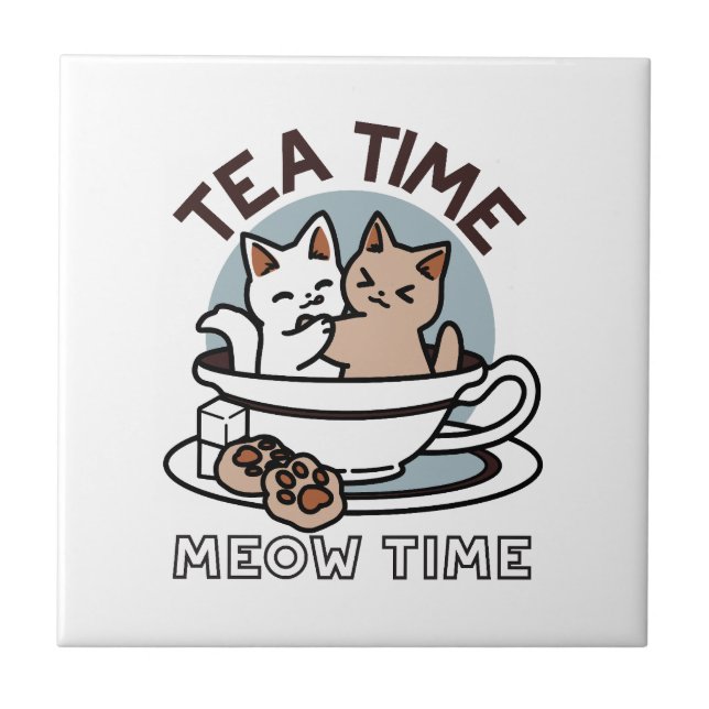 Azulejo De Cerâmica Hora do Tea Meow - Design de Gato e Chá (Frente)