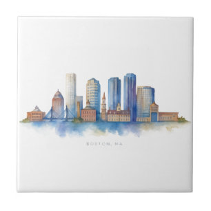 Azulejo De Cerâmica Horizonte de Boston em Aquarela Moderno Boston M