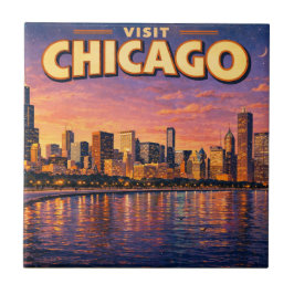 Azulejo De Cerâmica Horizonte de Chicago e Lago Michigan à noite