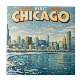 Azulejo De Cerâmica Horizonte de Chicago e Lago Michigan no inverno 