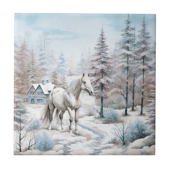 Azulejo De Cerâmica Horse cena de inverno neve no Natal (Frente)