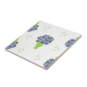 Azulejo De Cerâmica Hortênsia Azul em Padrão Floral de Vaso Verde