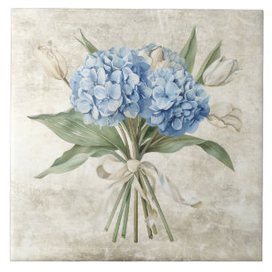 Azulejo De Cerâmica Hortênsia Azul Floral Aquarela Rústica