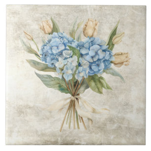 Azulejo De Cerâmica Hortênsia Azul Floral Aquarela Rústica
