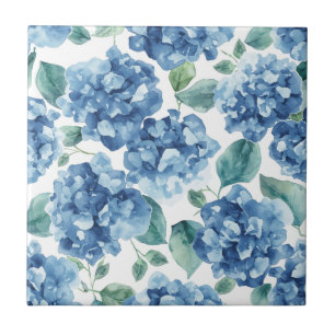 Azulejo De Cerâmica Hortênsia Blues   Padrão de Flor de Aquarela em Fl
