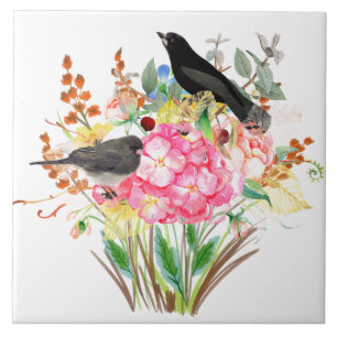 Azulejo De Cerâmica Hortênsia em Aquarela Decorativa com Pássaros