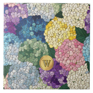Azulejo De Cerâmica Hortênsias Floral Falso Vidro Manchado Monograma