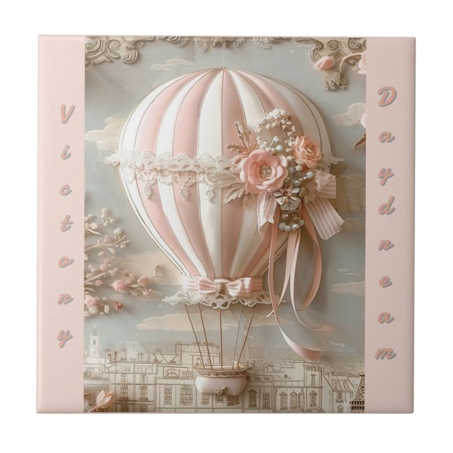 Azulejo De Cerâmica Hot Air Balloon Parisian Soft Pink Customizable  (Frente)
