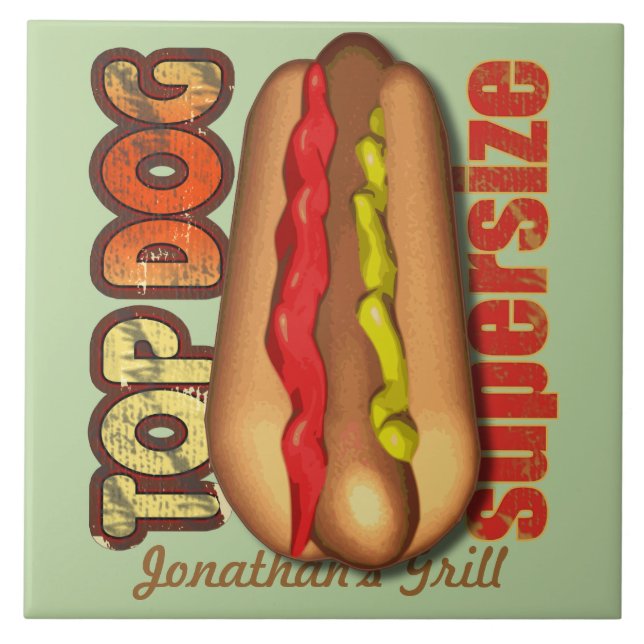 Azulejo De Cerâmica Hotdog do cão superior personalizado (Frente)