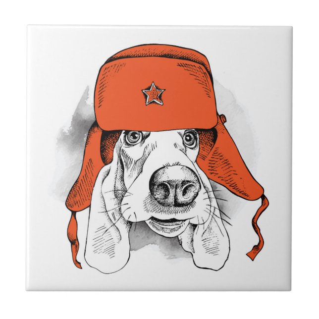 Azulejo De Cerâmica Hound Basset| Red Ushanka Hat (Frente)