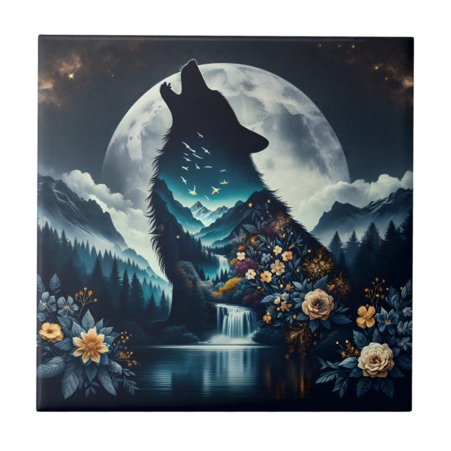 Azulejo De Cerâmica Howling Wolf | Arte Ia De Lua Completa (Frente)