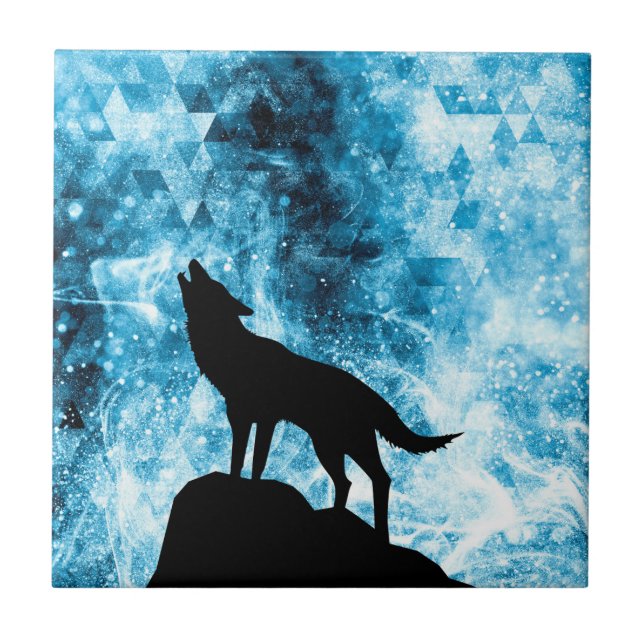 Azulejo De Cerâmica Howling Wolf Winter snowblue smoAbstrato (Frente)