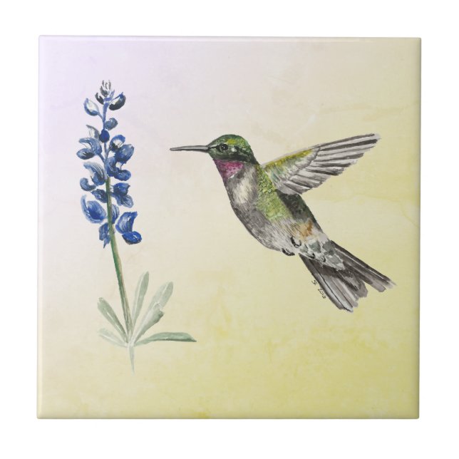 Azulejo De Cerâmica Hummingbird e Bluebonnet em rosa e amarelo (Frente)