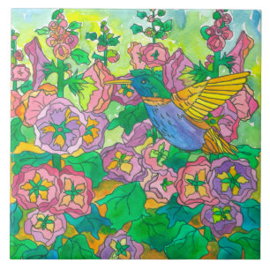 Azulejo De Cerâmica Hummingbird Hollyhocks Flores de Jardim Rosa