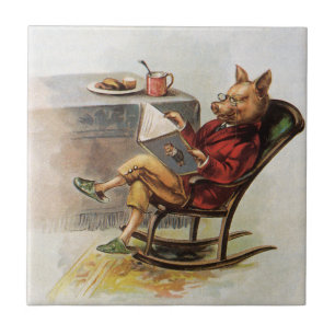 Azulejo De Cerâmica Humor Vintage, Porco na Cadeira Rochosa Lendo um L