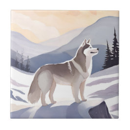 Azulejo De Cerâmica Husky do Alasca | Aquarela Montanha Canina